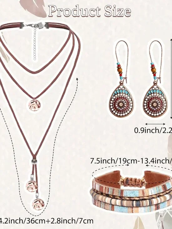 3 Pcs Western Jewelry Set for Women Classic Necklace Bracelet Earrings Bohemian - Picture 2 of 7
